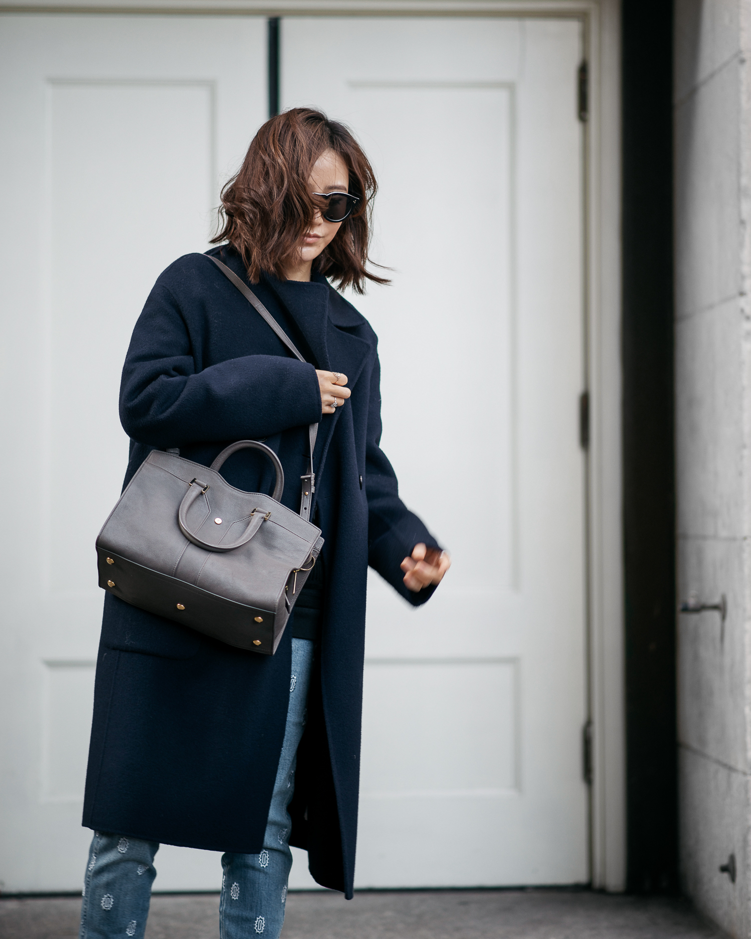 vince navy coat, stella mccartney jeans, platform sneakers, ysl bag, wool coat