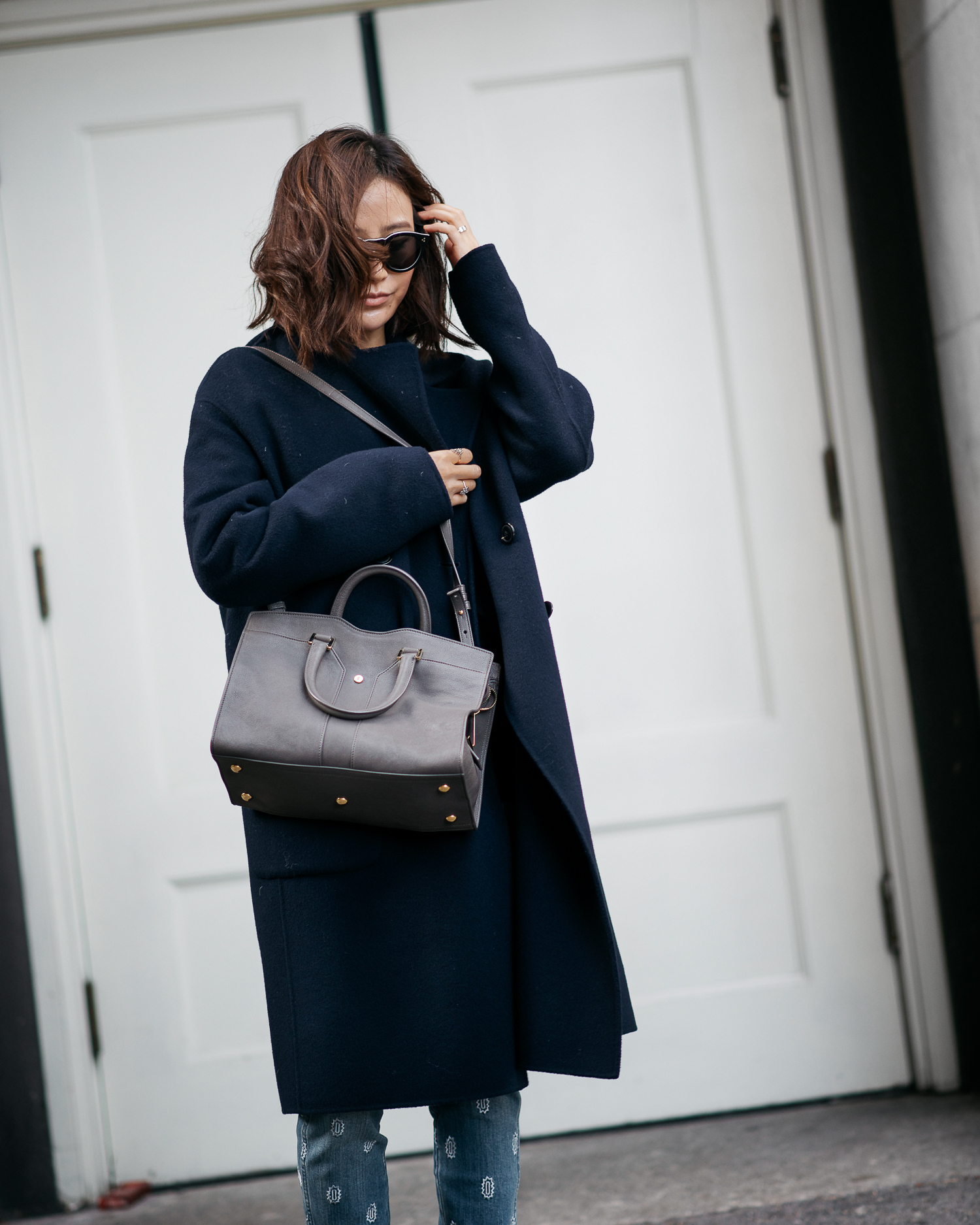 vince navy coat, stella mccartney jeans, platform sneakers, ysl bag, wool coat