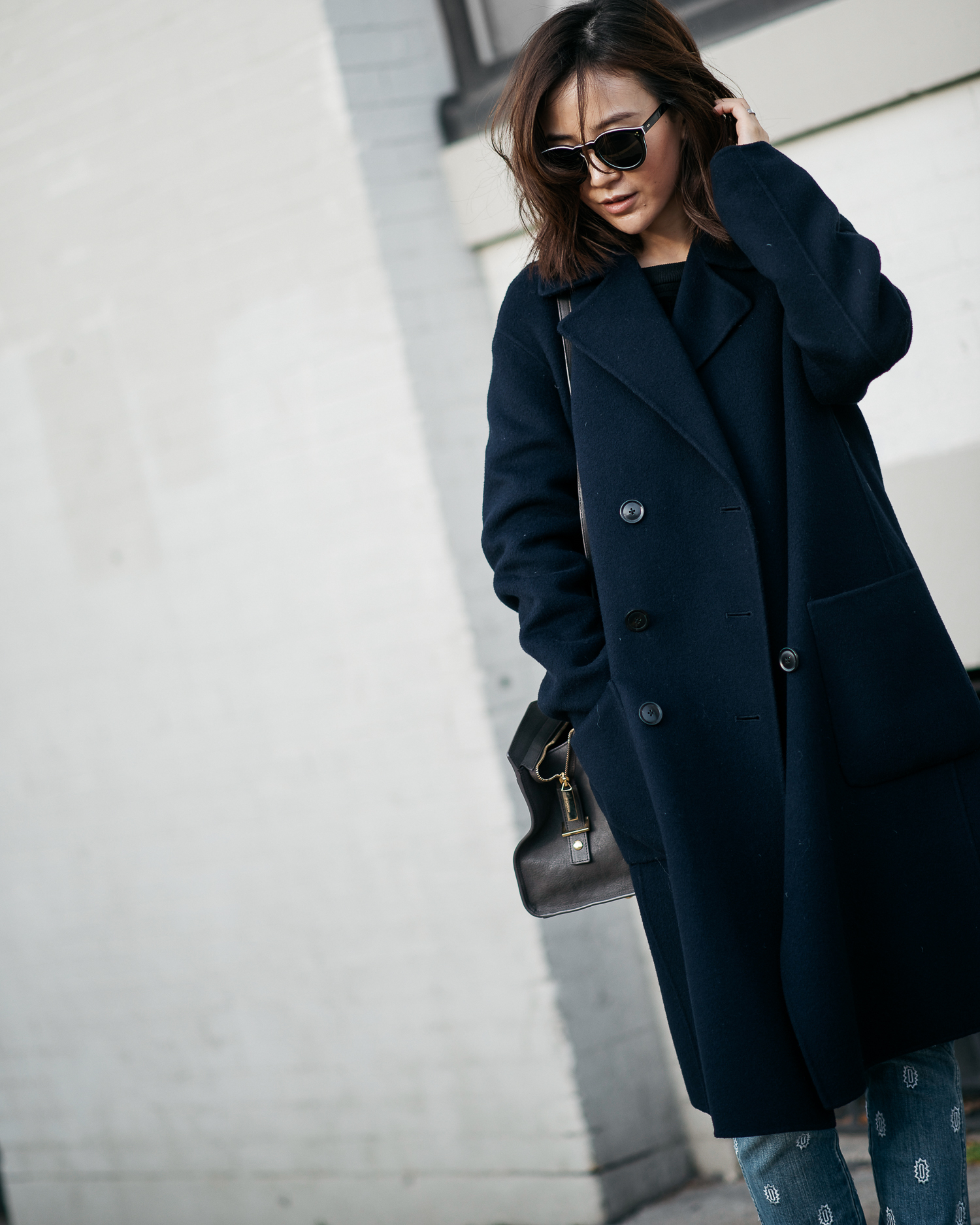 vince navy coat, stella mccartney jeans, platform sneakers, ysl bag, wool coat