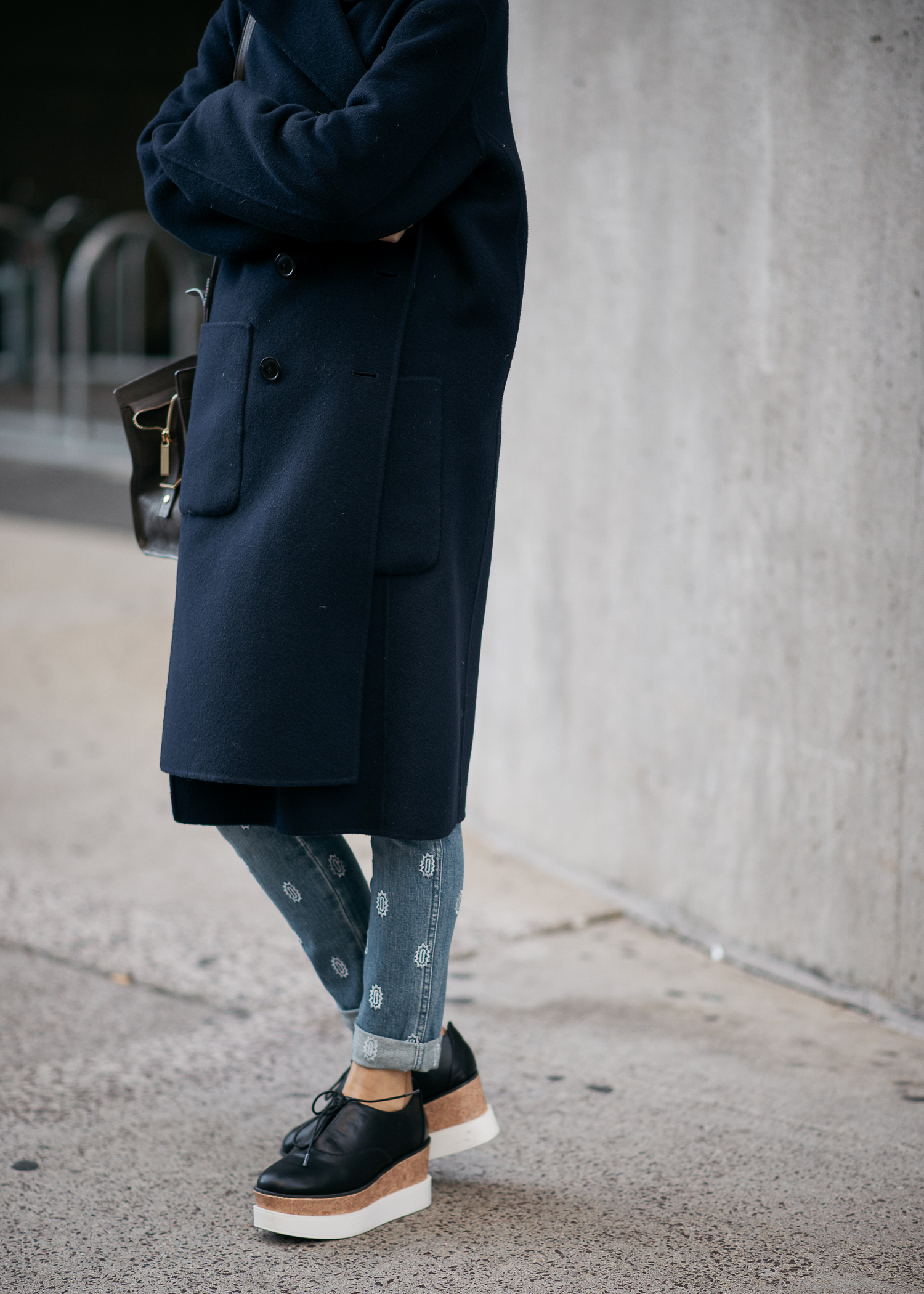 vince navy coat, stella mccartney jeans, platform sneakers, ysl bag, wool coat