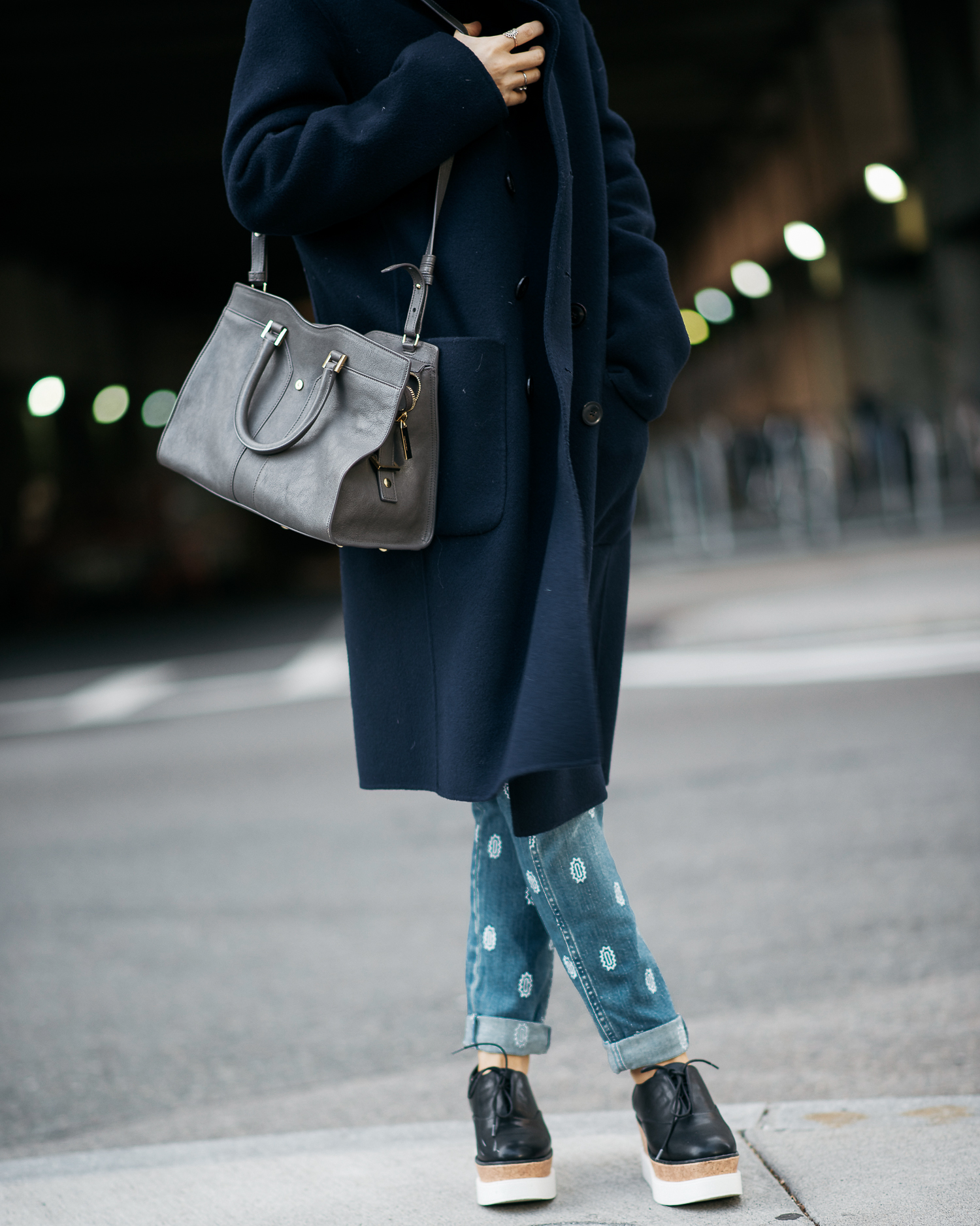 vince navy coat, stella mccartney jeans, platform sneakers, ysl bag, wool coat