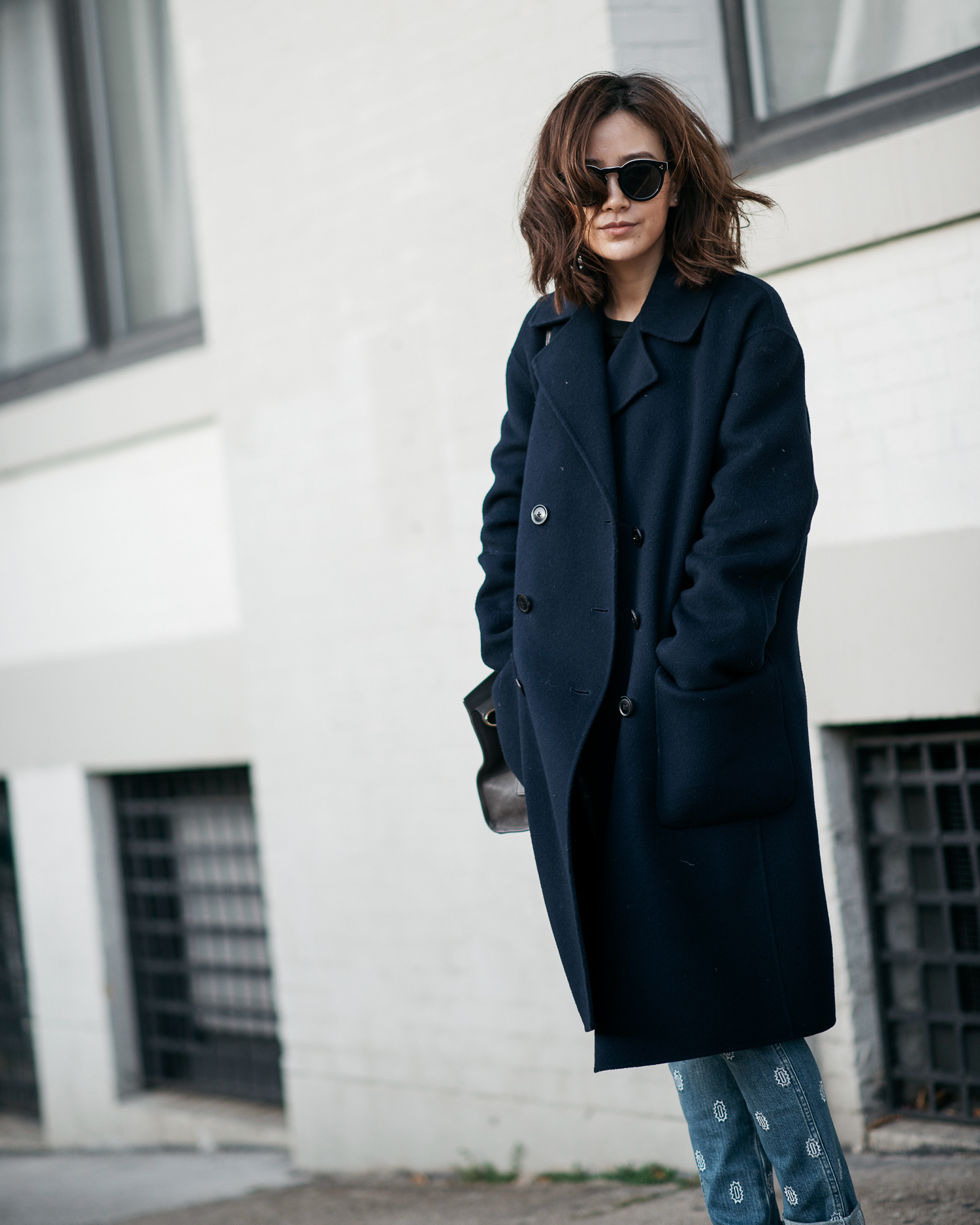 vince navy coat, stella mccartney jeans, platform sneakers, ysl bag, wool coat