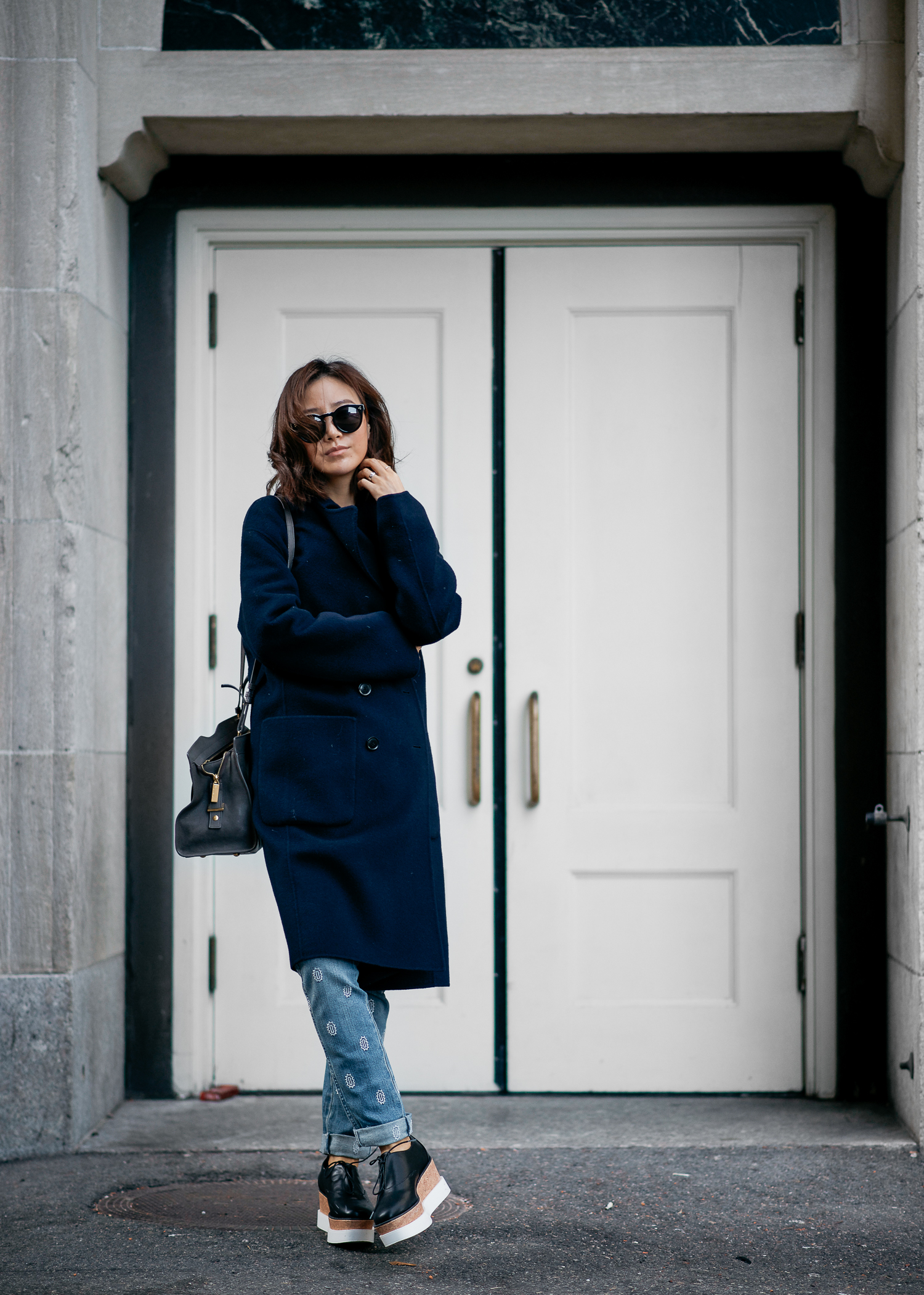 vince navy coat, stella mccartney jeans, platform sneakers, ysl bag, wool coat