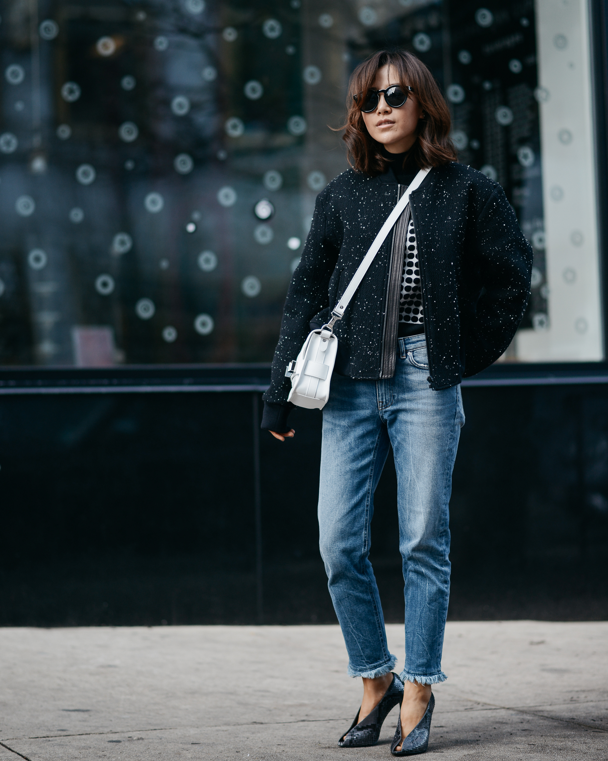 rag bone bomber jacket, acne studios jeans, balenciaga snakeskin pumps, ps11