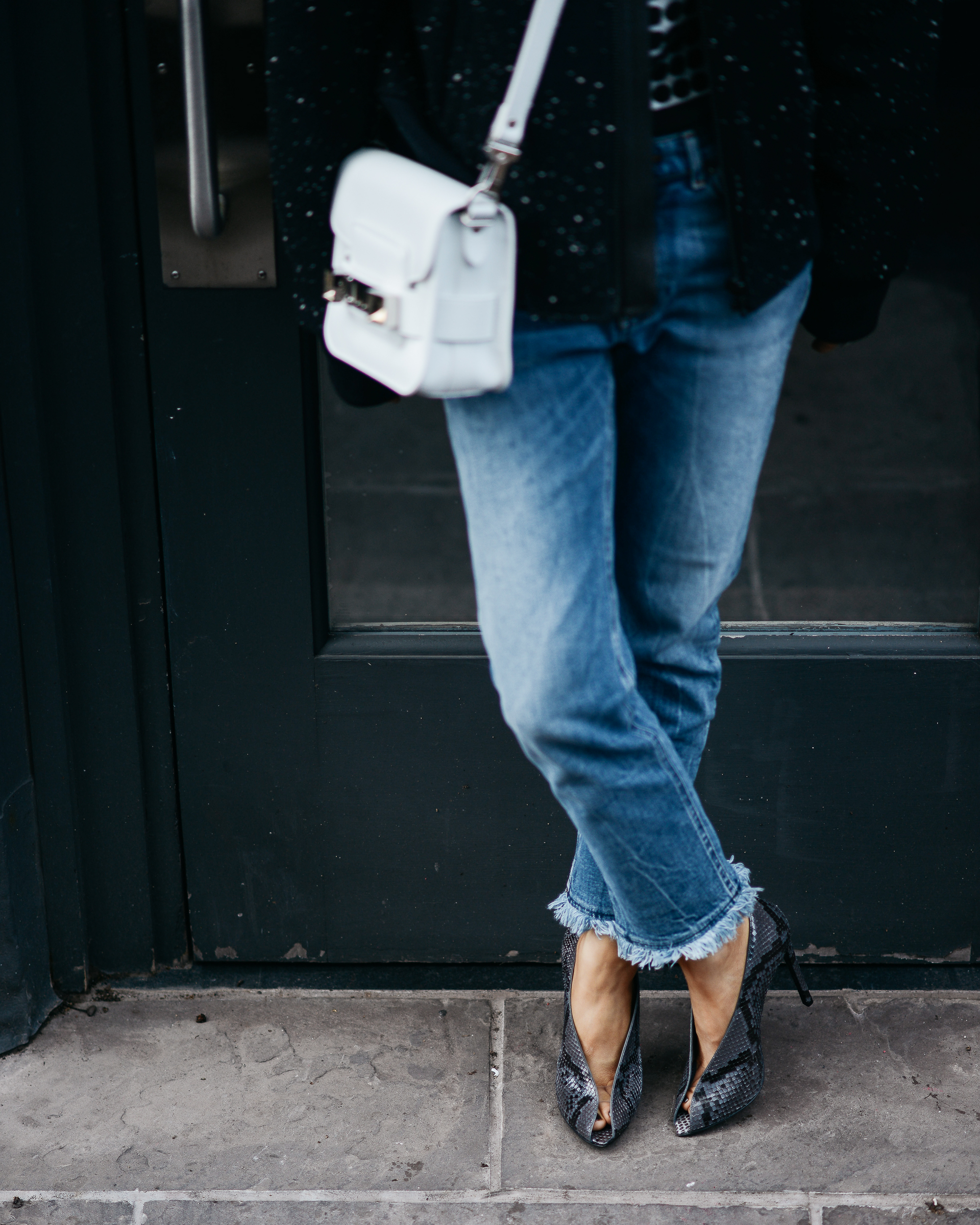 rag bone bomber jacket, acne studios jeans, balenciaga snakeskin pumps, ps11