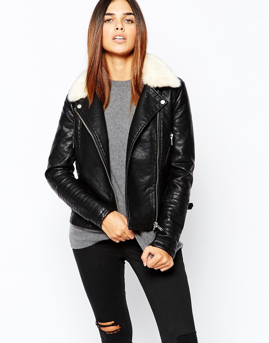 Warehouse Fur Collar Textured Pu Biker Jacket