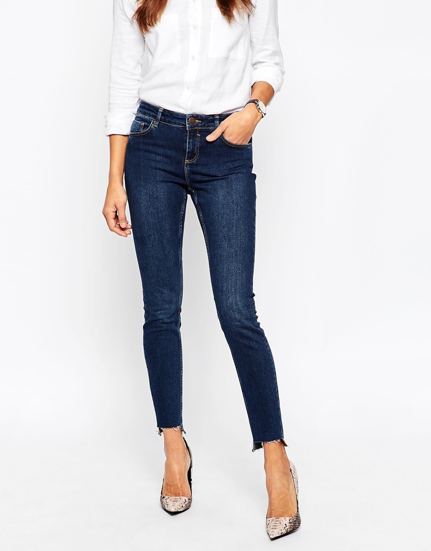 ASOS Lisbon Midrise Ankle Grazer Jeans in Binx Wash With High-Low Raw Hem