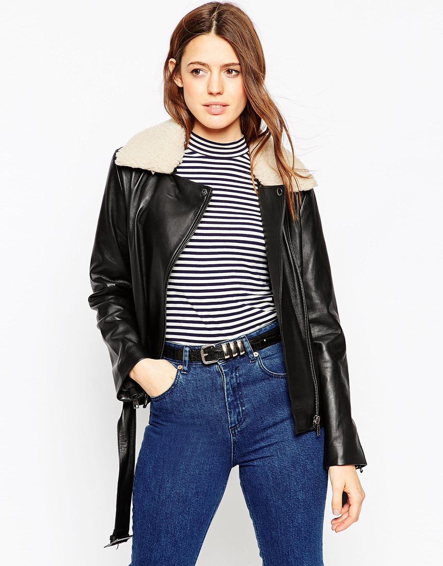ASOS Premium Biker Jacket in Leather with Fleece Collar