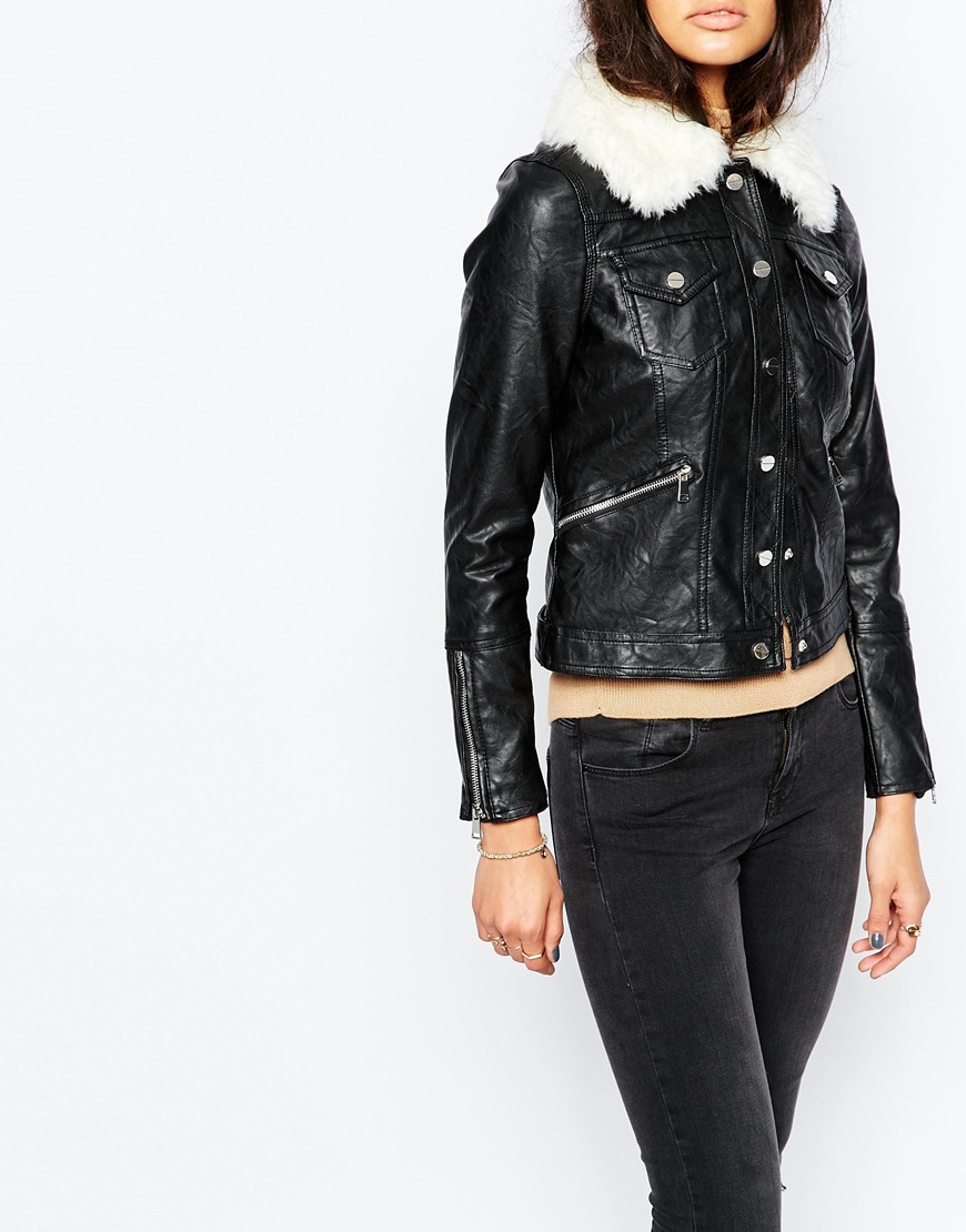 River Island Leather Look Faux Fur Collar Biker Jacket